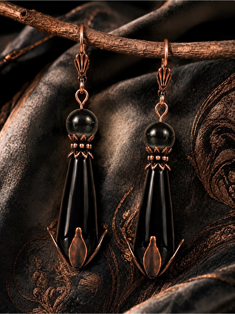 Black Cat Eye Art Nouveau Teardrop Earrings, Antique Copper, Premium Hooks, OOAK - Picture 7 of 9
